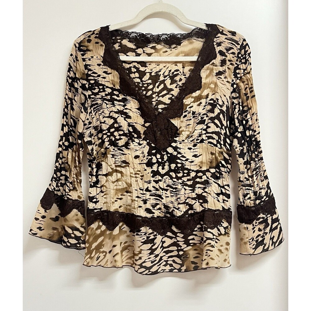 Boho Y2K Animal Print Lace Peplum Top Bell Sleeve M